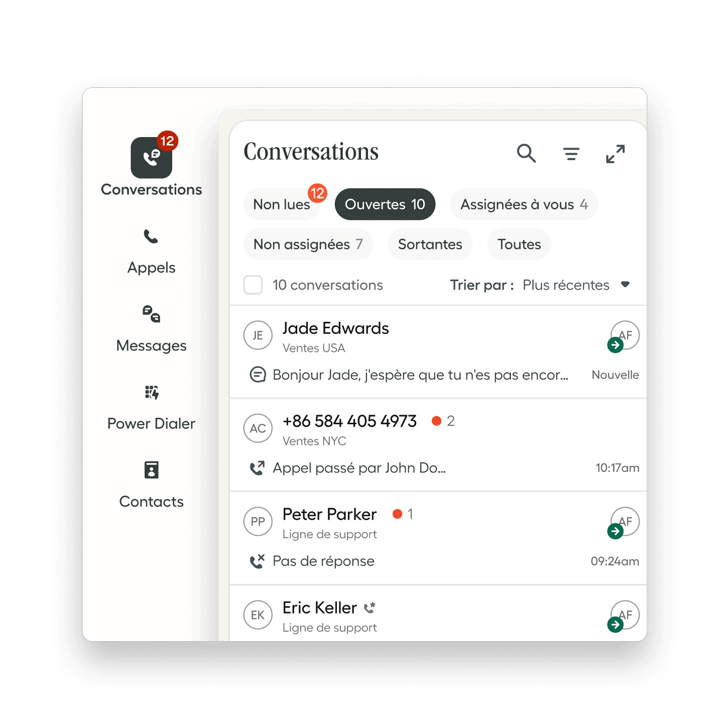 Interface de conversation Aircall pour les équipes